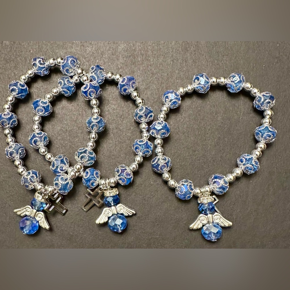 (3) Elegant Light Blue and Silver Beaded Bracelet with Angel and Cross Charm